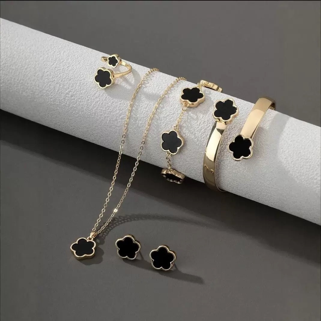 Five Petal Flower 5-piece Necklace Brace Lace Bracelet Stud Earrings Ring (Set of 5 Pcs)