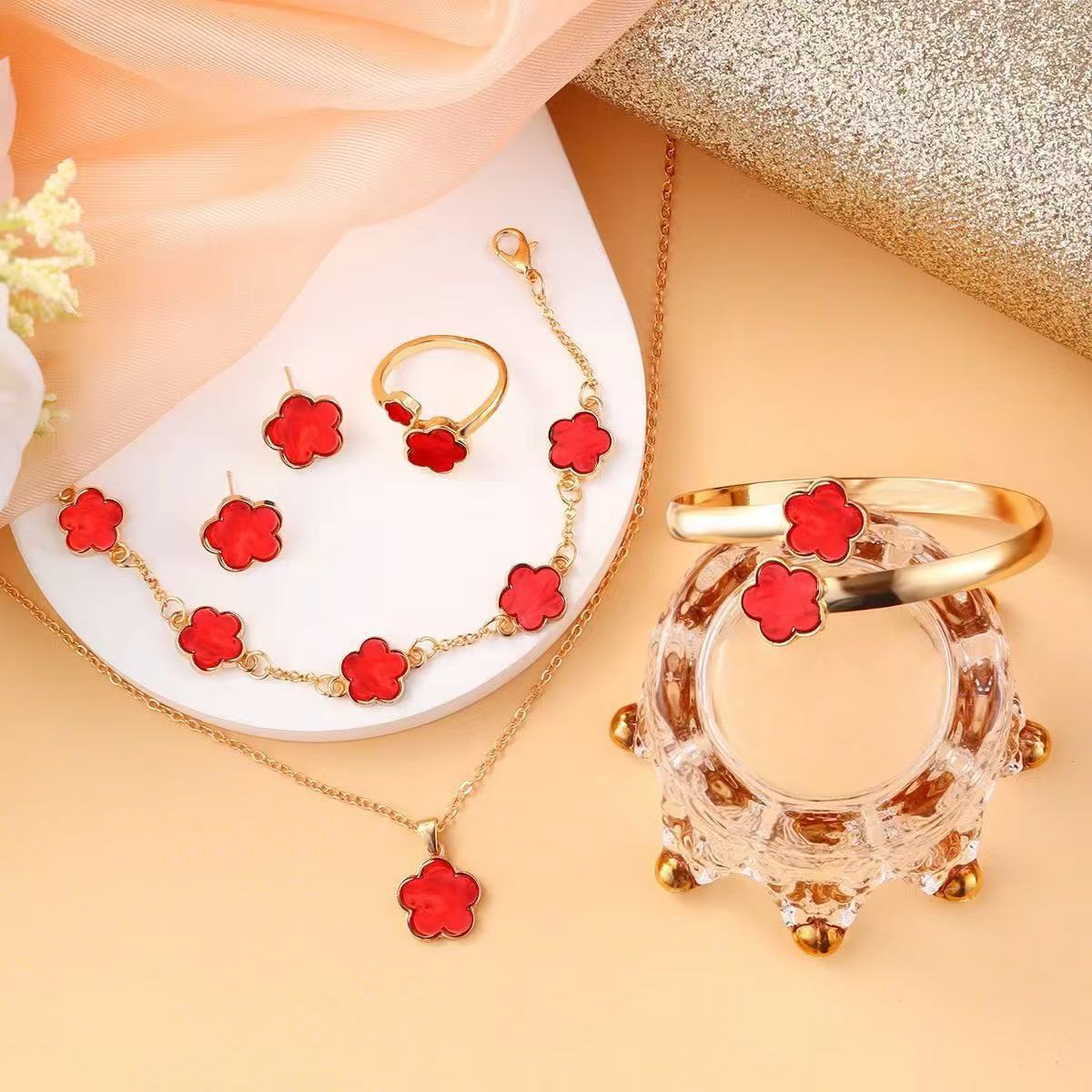 Five Petal Flower 5-piece Necklace Brace Lace Bracelet Stud Earrings Ring (Set of 5 Pcs)