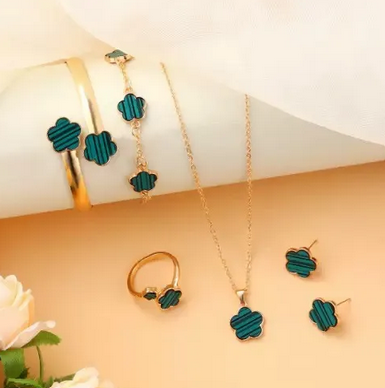 Five Petal Flower 5-piece Necklace Brace Lace Bracelet Stud Earrings Ring (Set of 5 Pcs)