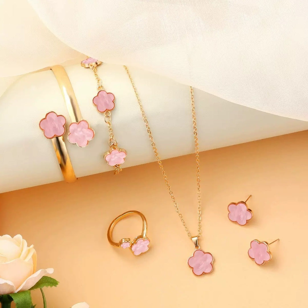 Five Petal Flower 5-piece Necklace Brace Lace Bracelet Stud Earrings Ring (Set of 5 Pcs)