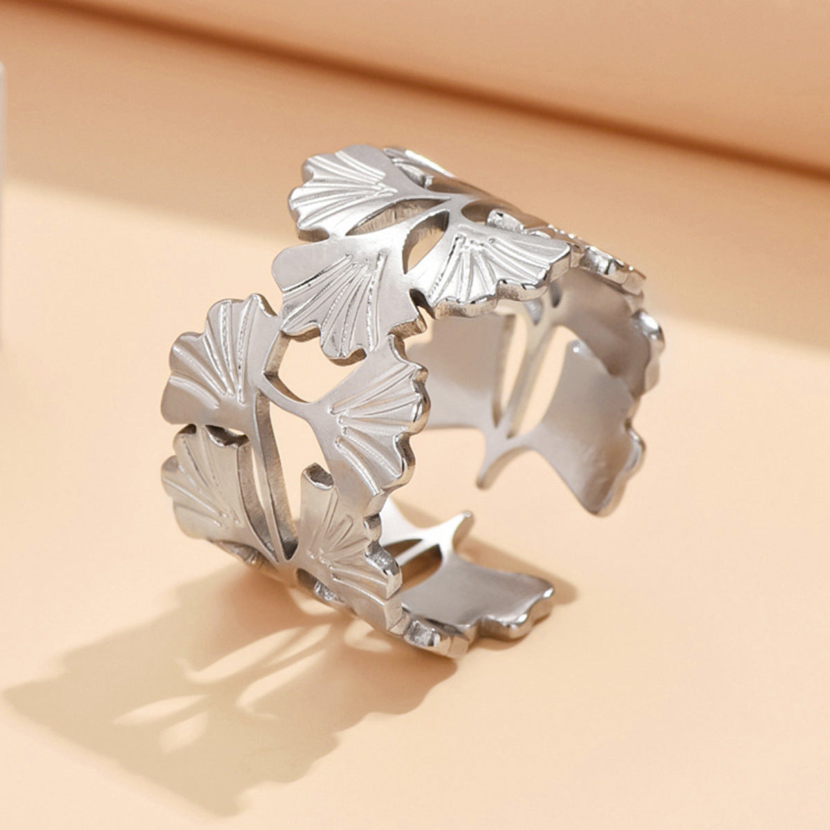 Women's Metal High-grade Ginkgo Leaf Open Stainless Steel Ring