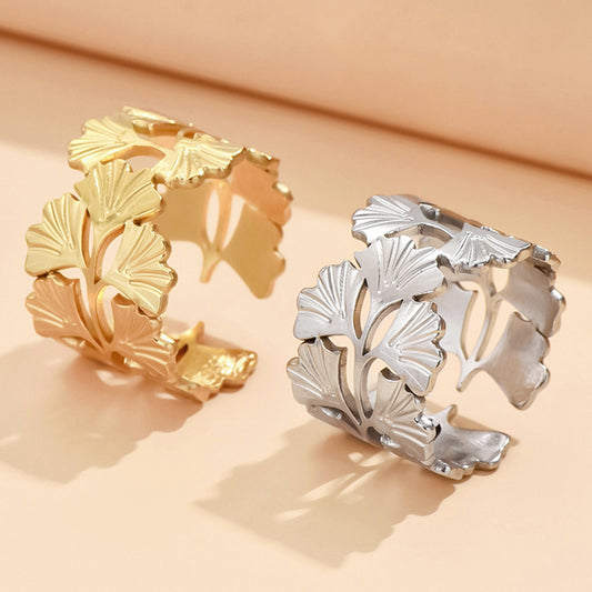 Women's Metal High-grade Ginkgo Leaf Open Stainless Steel Ring
