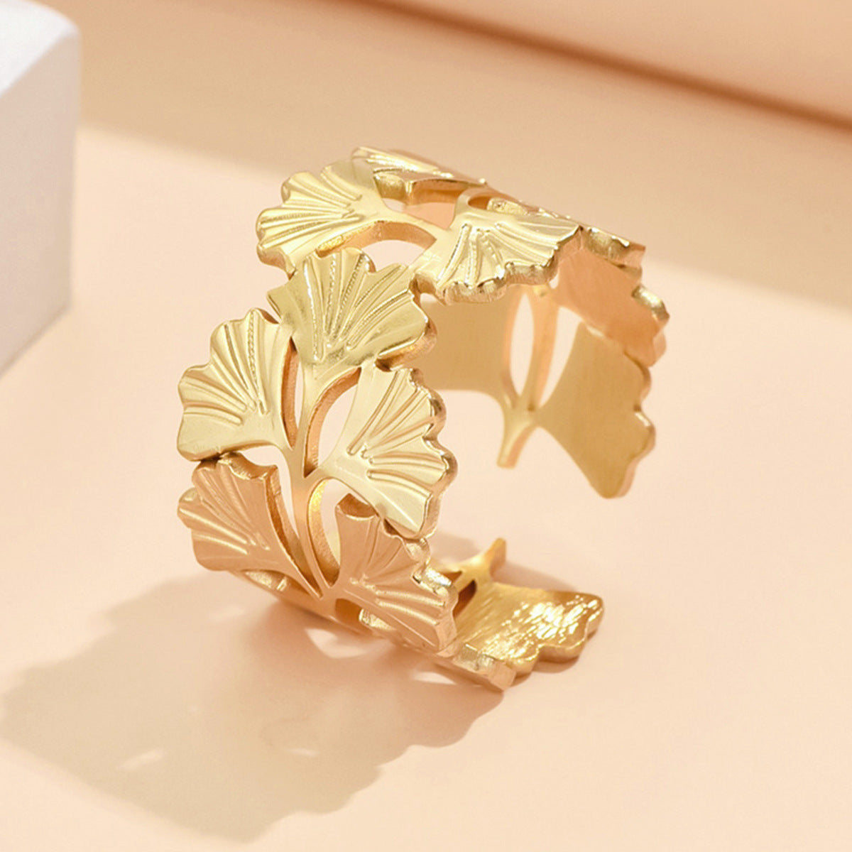 Women's Metal High-grade Ginkgo Leaf Open Stainless Steel Ring