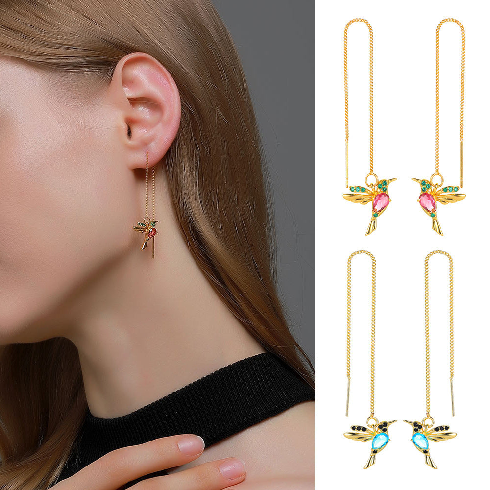 New Unique Little Bird Drop Long Hanging Hummingbird Earrings