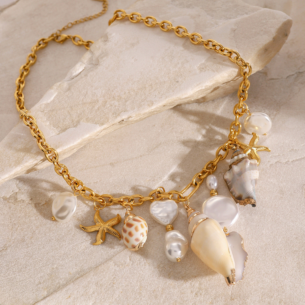 Stainless Steel Conch Hammered Starfish Pearl Pendant Necklace
