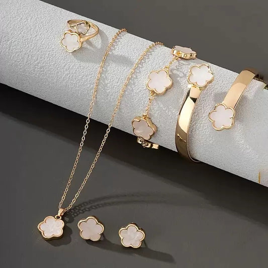 Five Petal Flower 5-piece Necklace Brace Lace Bracelet Stud Earrings Ring (Set of 5 Pcs)