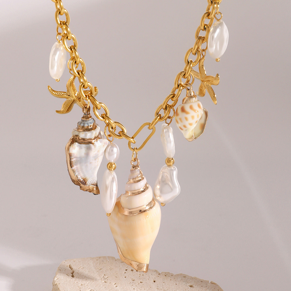 Stainless Steel Conch Hammered Starfish Pearl Pendant Necklace