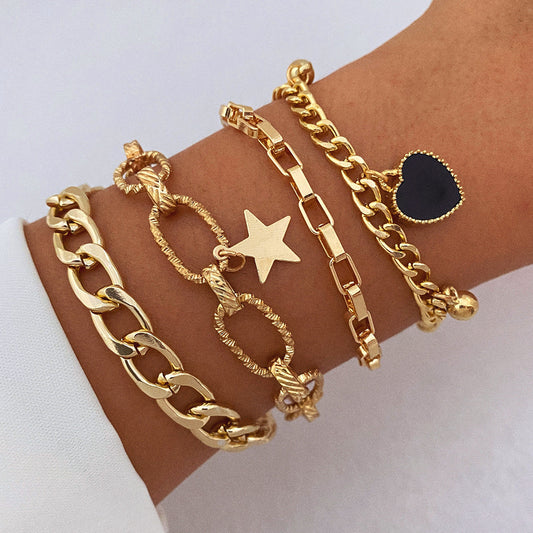 Black Peach Heart Bracelet Retro Simple Multi-layer (Set of 4 Pcs)