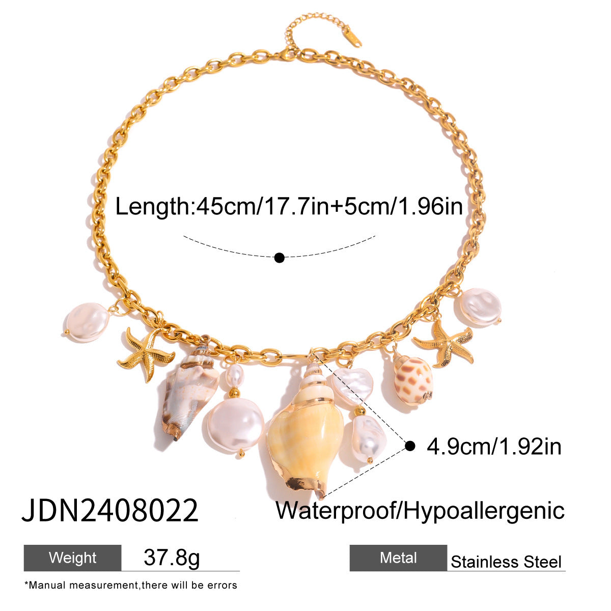 Stainless Steel Conch Hammered Starfish Pearl Pendant Necklace