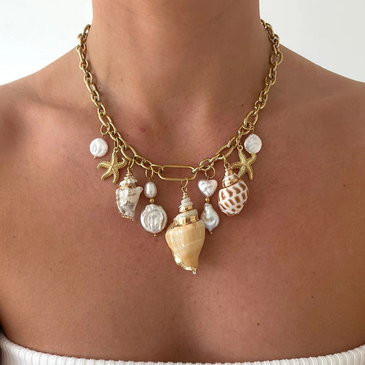 Stainless Steel Conch Hammered Starfish Pearl Pendant Necklace