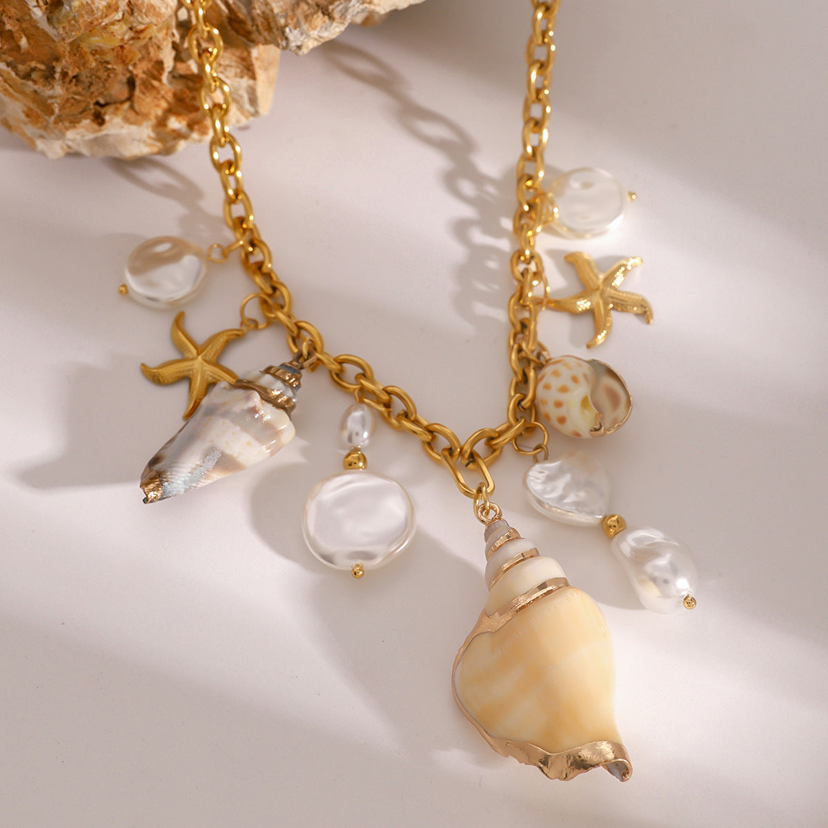 Stainless Steel Conch Hammered Starfish Pearl Pendant Necklace